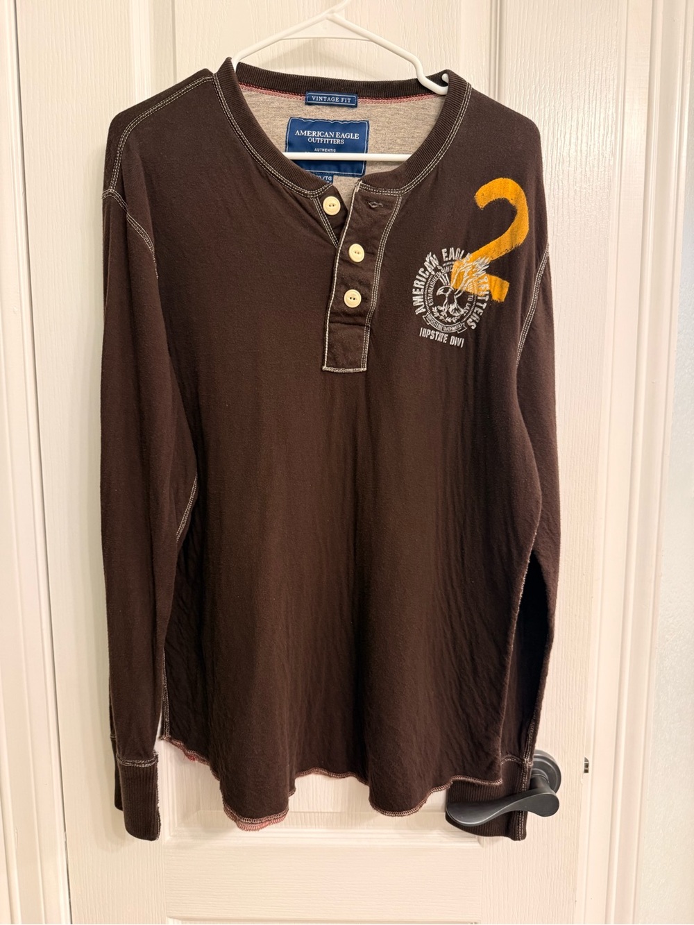 VINTAGE American Eagle Brown Henley Long Sleeve with Yellow Accent